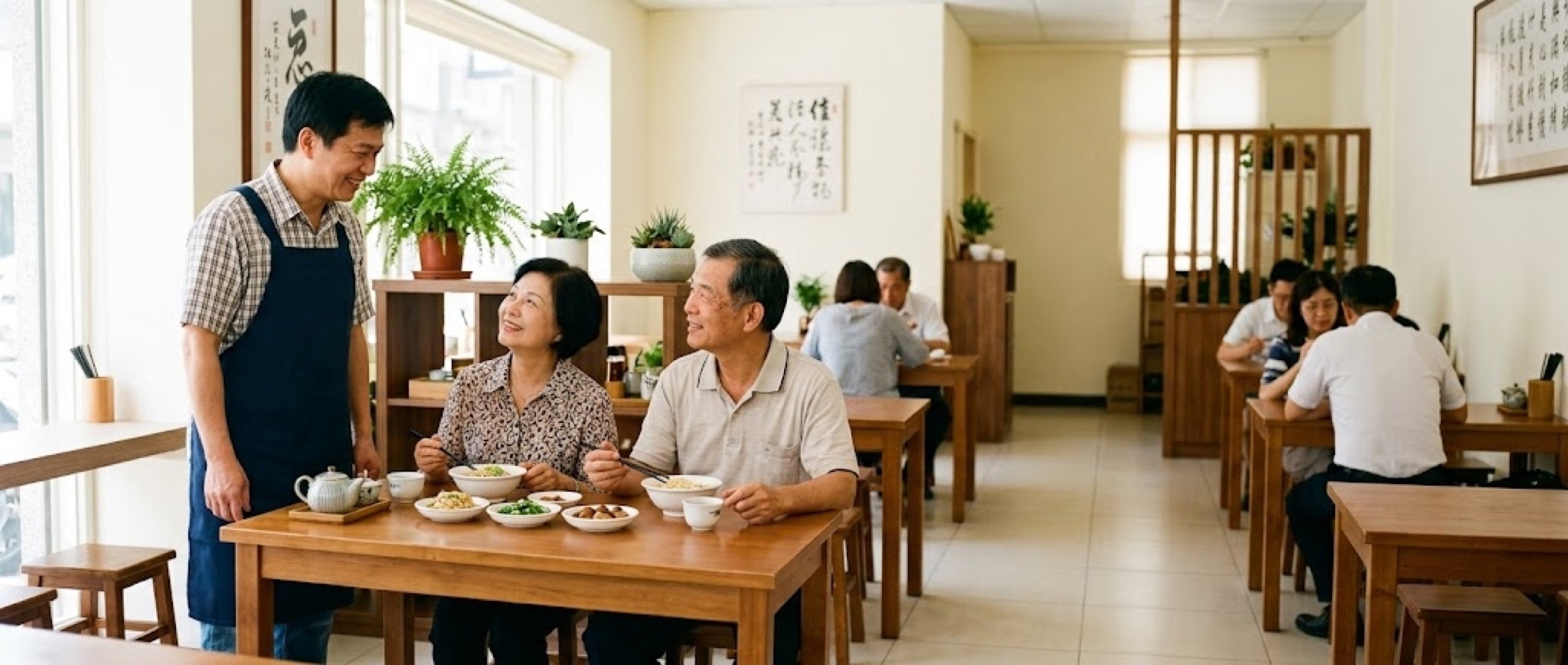 店家迎接熟客，溫暖的用餐氛圍