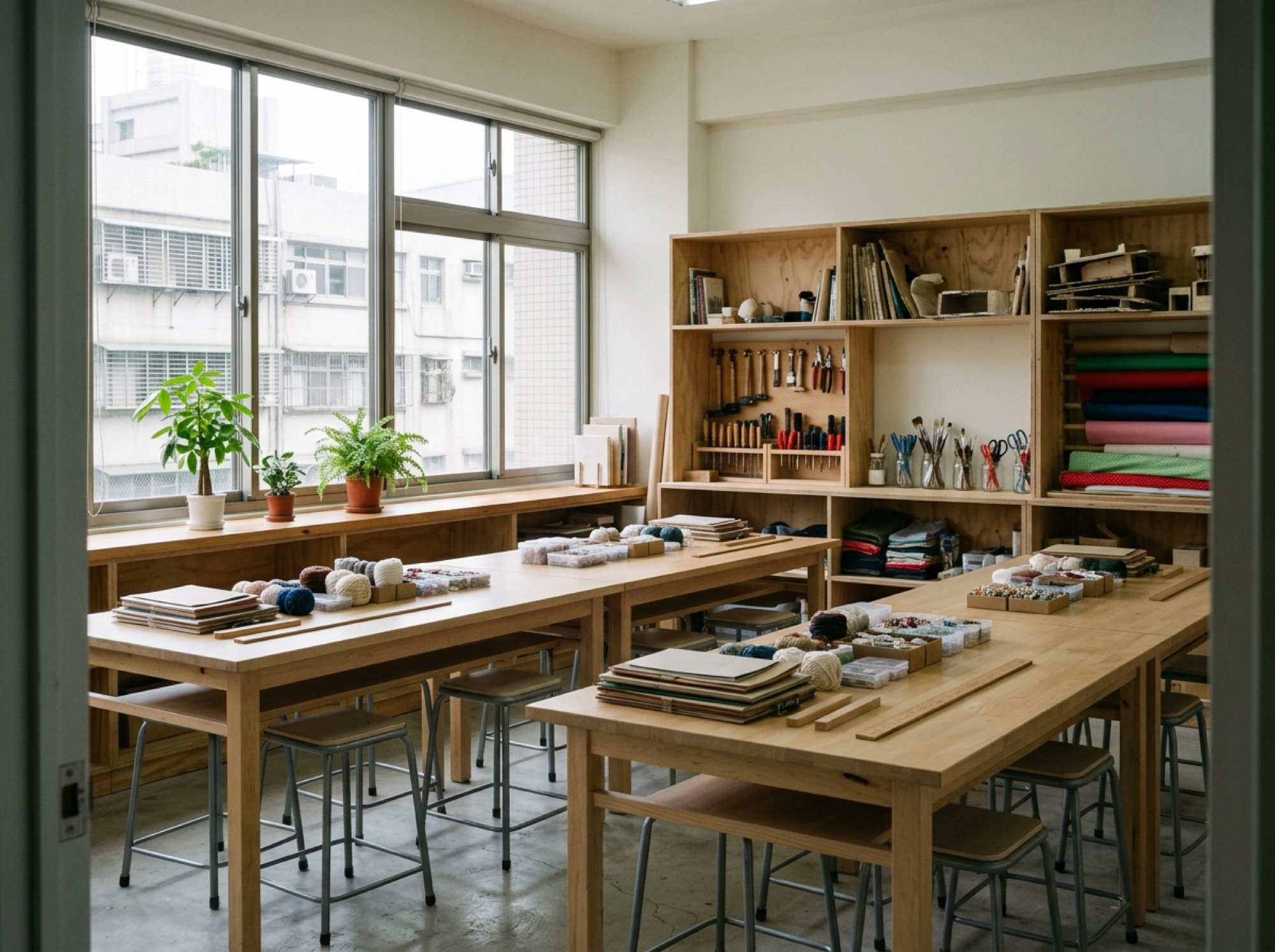 手作工作室的教室,長木桌與工具牆,桌上攤著材料,窗邊採光