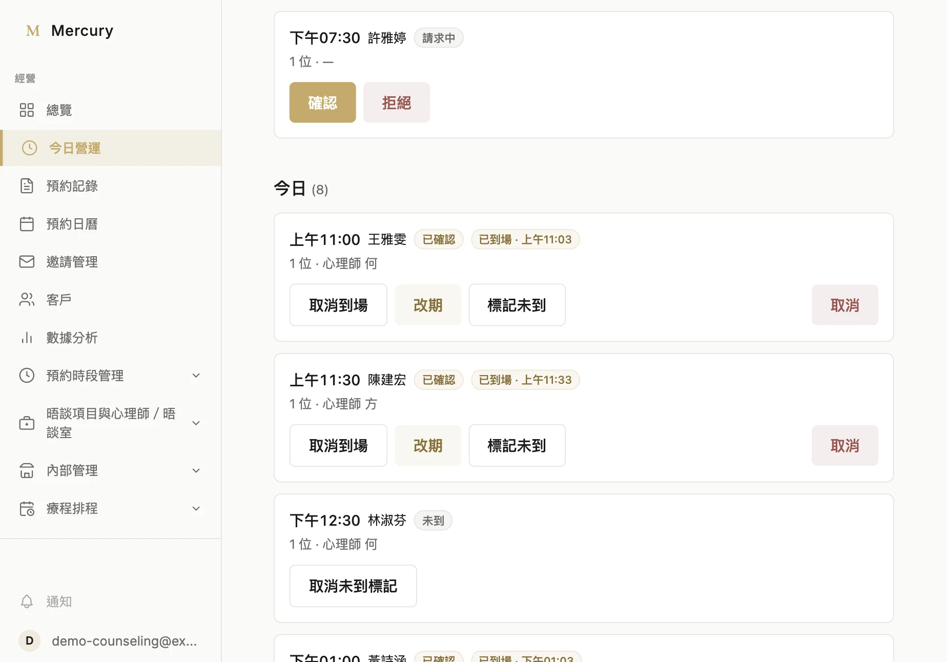 心理諮商的今日營運畫面:今天的晤談依時間排列