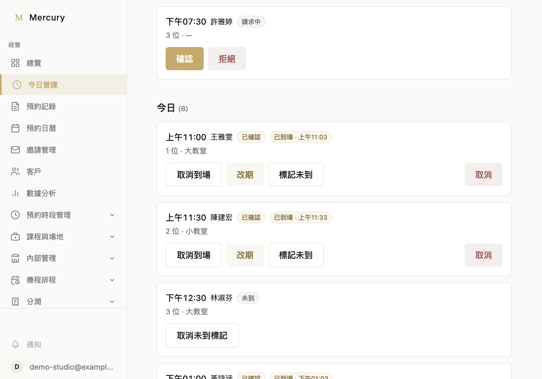 工作室的今日營運畫面:今天的課程依時間排列,看得到報名人數