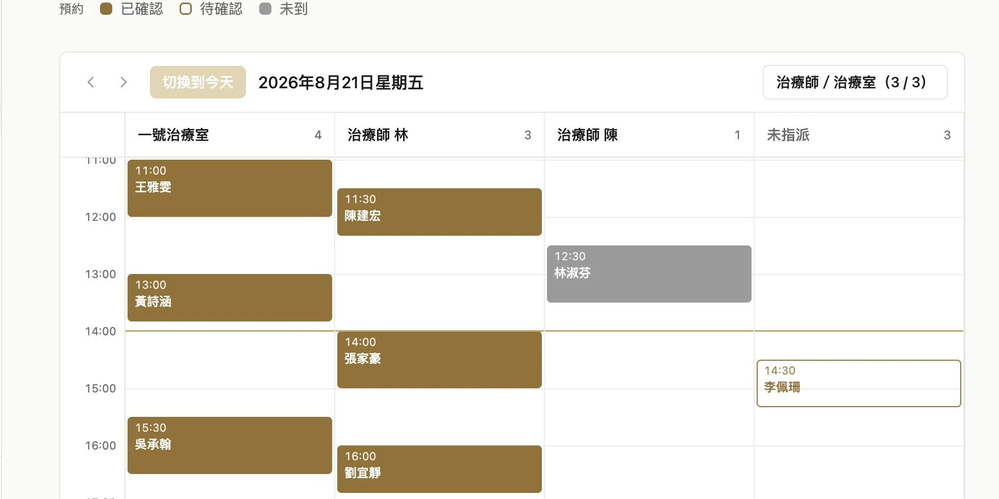 物理治療的預約日曆日視圖:每位治療師一欄,預約依時間排在欄位裡