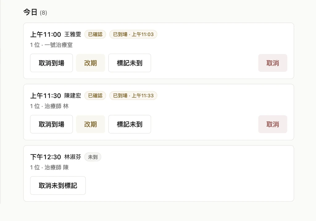 今日營運的一列:時間、姓名、療程項目、治療師與該列的操作按鈕