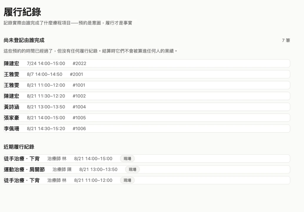 服務履行紀錄:這一次實際做了哪些項目、由誰執行
