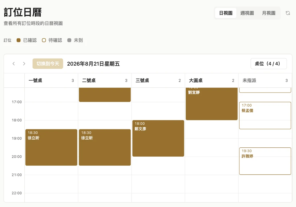 預約日曆：一筆七位的訂位同時佔住兩張四人桌，橫跨兩個欄位