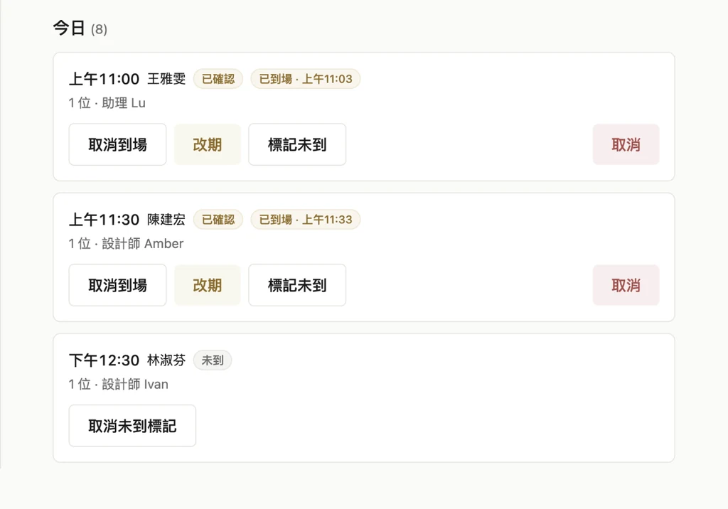 今日營運的一列:時間、姓名、服務項目、設計師與該列的操作按鈕